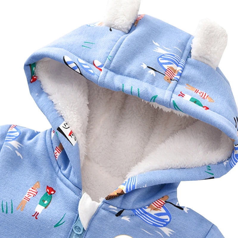 Baby Boys Winter Jumpsuit Cartoon Hooded Zipper Infant Romper Fleece Warm Clothes Toddler