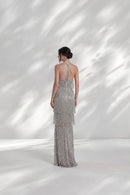 Silver Luxury Prom Dresses Halter Crystal Celebrity Dress Sleeveless Tiered Tassel Evening Dress
