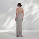 Silver Luxury Prom Dresses Halter Crystal Celebrity Dress Sleeveless Tiered Tassel Evening Dress