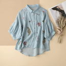 Summer Solid Collar Cotton Three Quarter Shirt Women Vintage Embroidered Loose Casual Puff Sleeve Tops