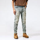 Men Jeans Retro Washed Blue Stretch Slim Ripped Jeans Men Embroidery Patched Denim Pants