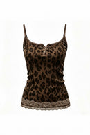 A brown leopard print camisole top with thin straps, a split neckline, a small button detail, and a lace hem, shown against a plain white background, Obroi