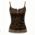 A brown leopard print camisole top with thin straps, a split neckline, a small button detail, and a lace hem, shown against a plain white background, Obroi