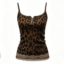 A brown leopard print camisole top with thin straps, a split neckline, a small button detail, and a lace hem, shown against a plain white background, Obroi