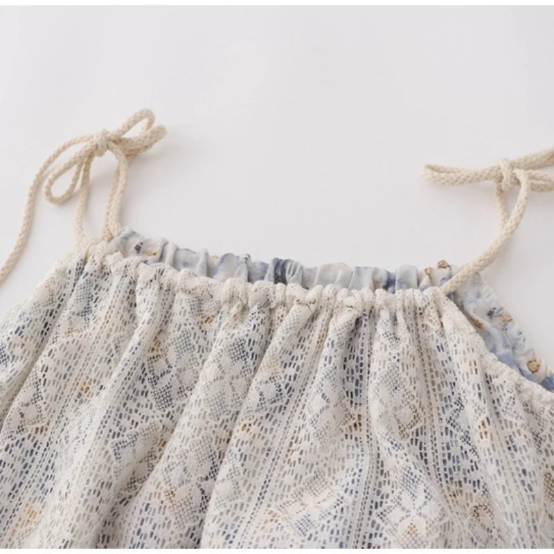Floral Lace Splicing Dress Women Summer Holiday Seaside Loose Aesthetic Mid-length Halter Dress