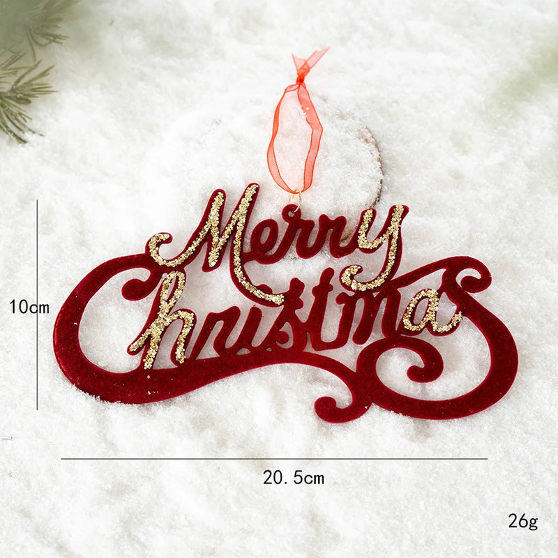 Red 'Merry Christmas' ornament with gold glitter on a white snowy background, Obroi