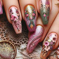Colorful nail art with floral and feather designs on a textured surface, Obroi