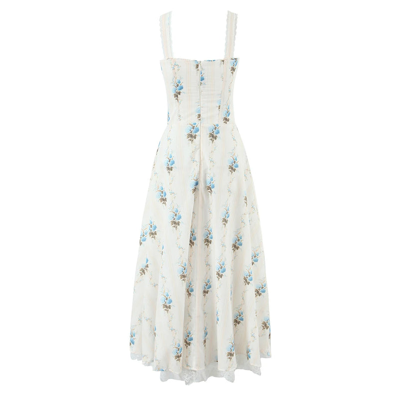 Floral Bow Bra Chest Sling Dress Women Low Waist Fold Swing Lace Lining Midi Dresses