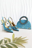 Glitter Rhinestone Ring Handle Evening Clutch And Women Slingback Heels Shoes Set in Sky Blue Color