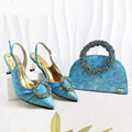 Glitter Rhinestone Ring Handle Evening Clutch And Women Slingback Heels Shoes Set in Sky Blue Color