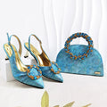 Elegant Olive Color Glitter Rhinestone Ring Handle Evening Clutch And Slingback Heels and Bag Set