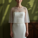 Pearl Beaded Tulle Bridal Cape Short Wedding Shawl Sheer Pink Bolero Cover Up For Wedding Dress