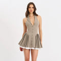 Pleated Mini Dress For Women Lapel Sleeveless Fungus Dress Buttons Office Lady Dress