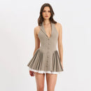 Pleated Mini Dress For Women Lapel Sleeveless Fungus Dress Buttons Office Lady Dress