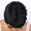 Black wig on a mannequin head with a white background, Obroi