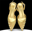 Pair of gold high-heeled shoes with intricate designs on a black background, Obroi