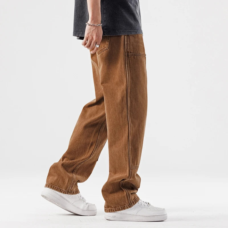 Brown Jeans for Mens Spring and Summer Straight Pocket Decorative Pants