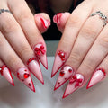 24PCS Red Bow Red False Nails Love Gemstones Press on Nails French Tip Design