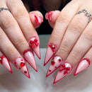 24PCS Red Bow Red False Nails Love Gemstones Press on Nails French Tip Design