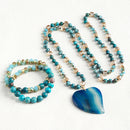 Bohemian Women Jewelry 6mm Natural Stone Glass Knot Necklace Agate Heart Pendant,8mm Beaded Elastic 2pcs Stack Bracelet Set