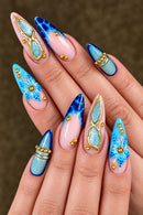 Blue Flower Press on Nails Almond Press on Nails Full Cover Carved Flower Ripples French Nails