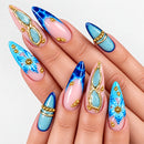 Blue Flower Press on Nails Almond Press on Nails Full Cover Carved Flower Ripples French Nails