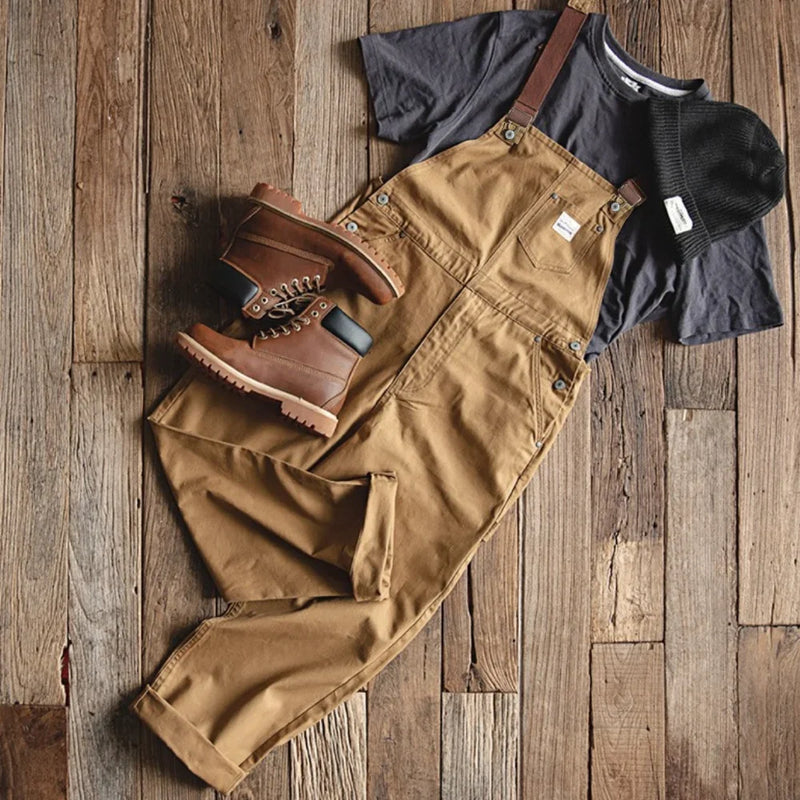 Mens workwear pants Japanese retro work clotheskhaki color suspendersspring canvasmen's fashion large lengthpants pure cotton100