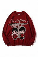 Red sweater with cartoon characters and text on a white background, Obroi