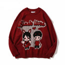 Red sweater with cartoon characters and text on a white background, Obroi