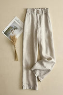 Women Leg Pants Female Flower Bud Waist Straight Leg Trousers Lady Summer Cotton Linen Pant