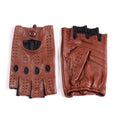 Pair of brown leather gloves with fingerless design on a white background, Obroi