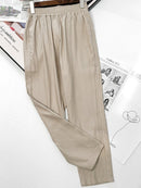 Women Casual Linen Suit Pants Spring Summer Comfortable Female Solid Elastic Waist Ankle-Length Trousers
