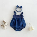 Summer Baby Girls Denim Romper Ruffle Strap Bow Headband Newborn jumpsuit Infant Bodysuit