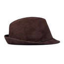 A dark brown suede fedora hat shown from a side profile view against a plain white background, Obroi