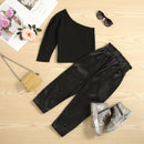 Autumn Children Girls Clothing Sets Solid One-Shoulder Long Sleeve Tops+Elastic Waist Pants 2pcs Casual Outfits