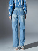 Chic Patchwork Appliques Jeans For Women High Waist Spliced Pockets Straight Trousers Female