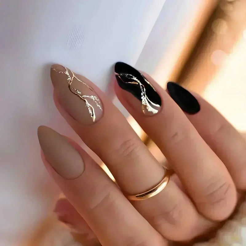 24pcs winter fall leaves false nails with almond artificial nails with glue short stiletto fake press on nail