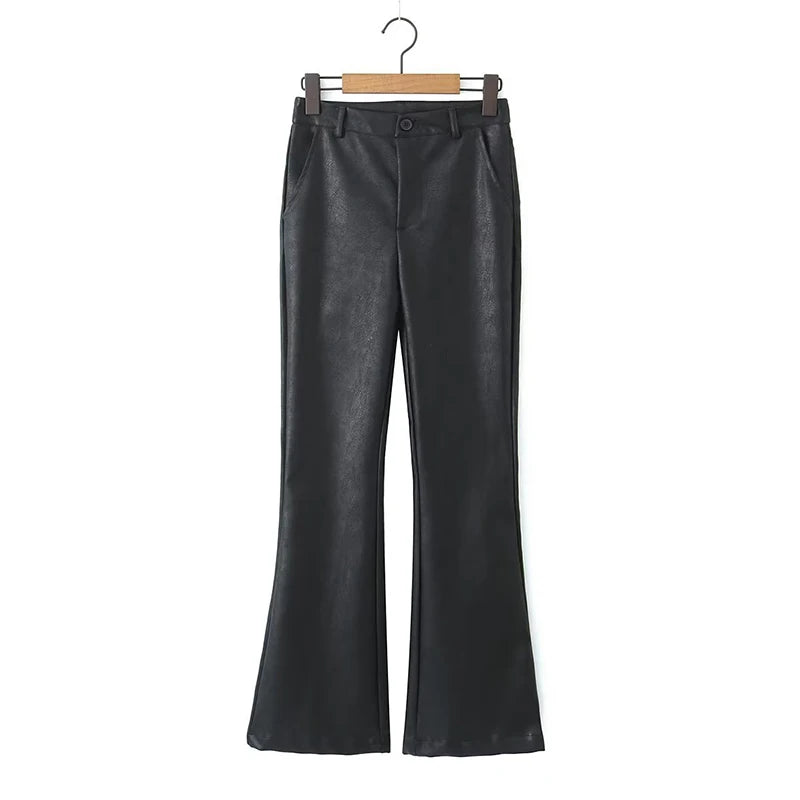 Autumn Winter Women America Retro High Waist Faux Leather Flare Pants