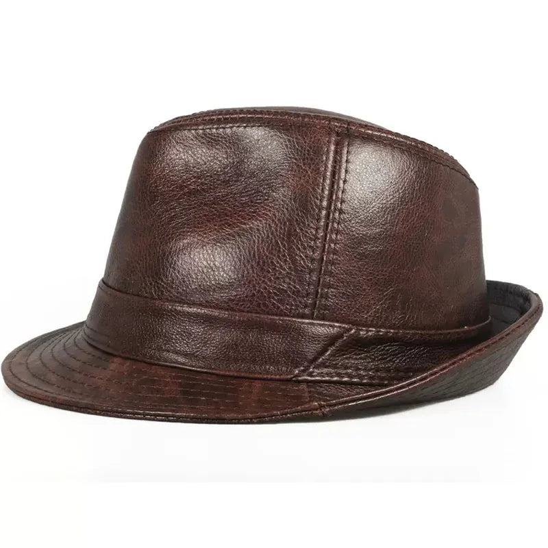 Men Genuine Leather Jazz Fedora Cap Gentleman Short Brim Topper