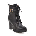 Black high-heeled boot with lace-up design and gold buckle on a white background, Obroi