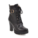 Black high-heeled boot with lace-up design and gold buckle on a white background, Obroi