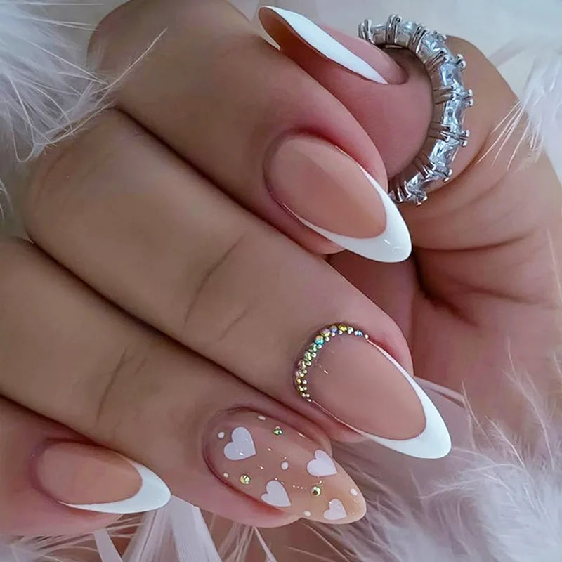 24Pcs Glitter Gradient Love Fake Nails Short Almond French Design Valentine Day Party Pink Press on Nails