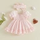 Summer Infant Baby Girl Bodysuit Dress Cute Floral Embroidery Short Bubble Sleeve Jumpsuit Clothes
