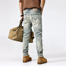 Men Jeans Retro Washed Blue Stretch Slim Ripped Jeans Men Embroidery Patched Denim Pants
