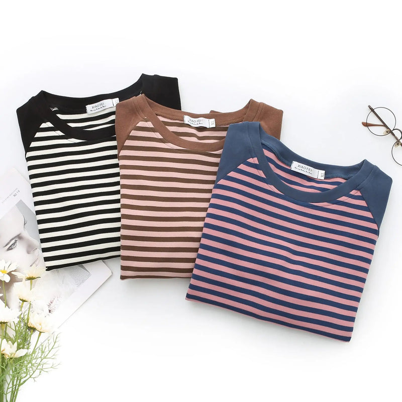 Autumn Winter Striped Stitching Velvet Fabric Thermal Bottoming T-shirt Women's Warm Inner Tops