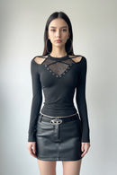 Chic Irregular Grid Hollow Out T-shirt Mall Goth See Through Slim Tops Women T-shirts