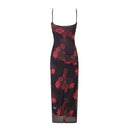 Women Floral Mesh Sling Long Dress Side Hem Slit Female Summer Dresses Bodycon