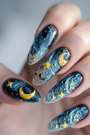 Nails with starry night design featuring blue, yellow, and gold colors, Obroi