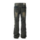 Spliced Denim Flare Pants Mens Washed Distressed Retro Streetwear Loose Jeans Men Trousers