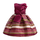 Children's dress with a large bow and striped skirt on a white background, Obroi